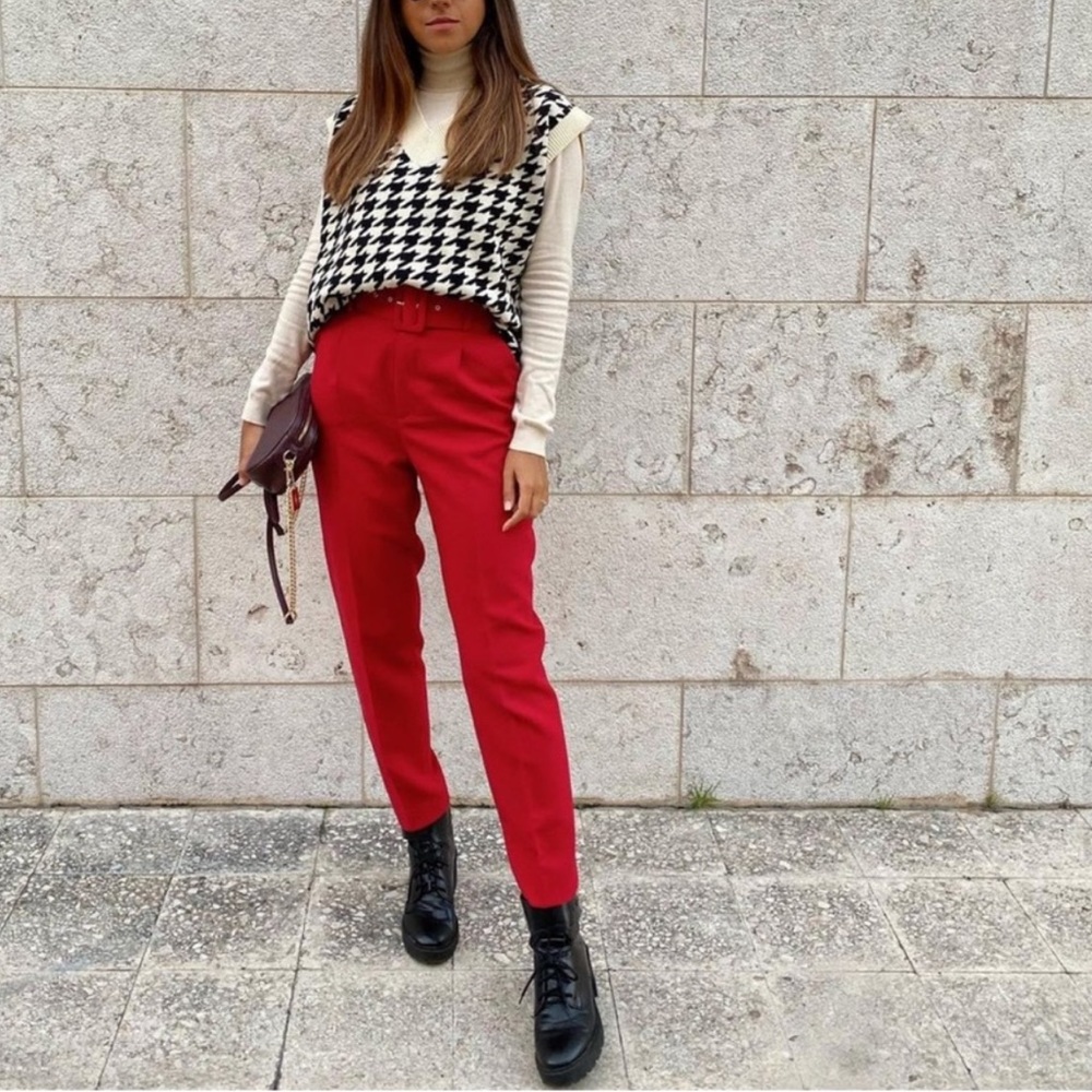 ZARA High Waisted Belted Pants Coral - Picture 3 of 9